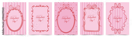 Valentine's Day greeting card set. Trendy Vintage coquette ribbon frames and borders. Romantic design template for Valentine’s Day celebration, wedding invitation, birthday, poster, menu