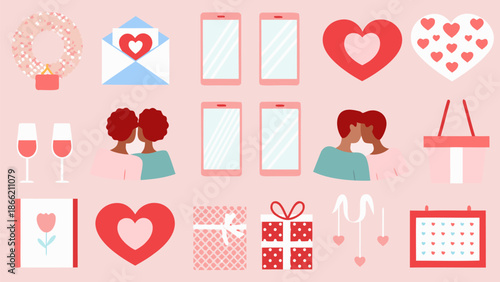 Valentine's Day icons and symbols for love and romance