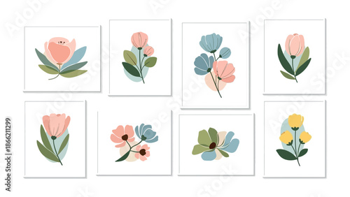 Floral Harmony: An artistic assortment of delicate, hand-drawn floral compositions, showcasing a variety of botanical forms and shapes, each a unique expression of nature's beauty and elegance.
