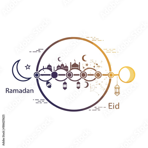 Celebrating Ramadan Eid with crescent moon and lanterns illustration