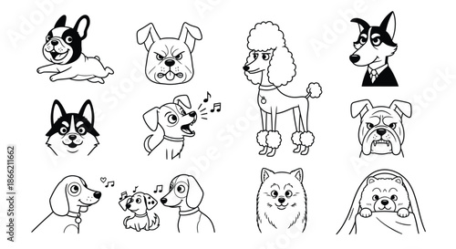 Collection of hand drawn doodle dog breeds isolated on set of vector illustration of cute puppy and pet animal