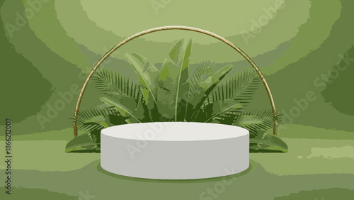 Modern minimalist product display with tropical greenery background