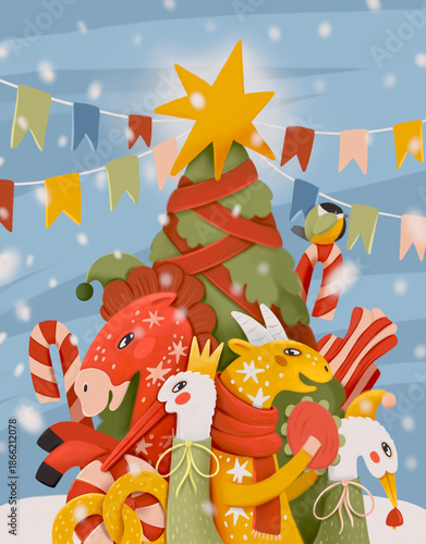 Christmas and New Year illustration. Festive background with Christmas tree, horses, garlands and snowflakes.