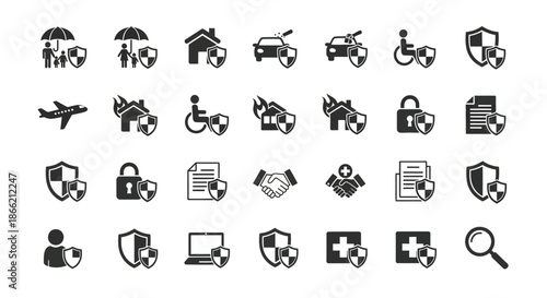 Comprehensive insurance icon set covering various aspects of life, providing security and protection for your assets isolated on