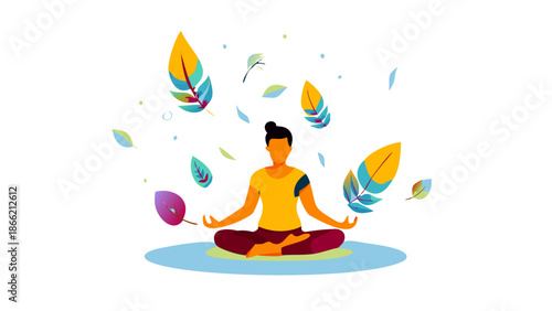 Minimalist vector illustration of a person meditating with abstract floating leaves and soft light, peaceful atmosphere, self-care concept.