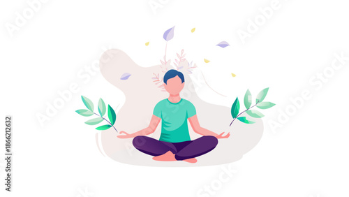 Minimalist vector illustration of a person meditating with abstract floating leaves and soft light, peaceful atmosphere, self-care concept.
