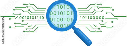 Digital Forensics and Data Analysis Concept with Magnifying Glass Over Binary Code on Circuit Board