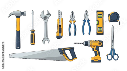 Professional Flat Vector Hand Tools Set for DIY Home Repair, Construction, and Carpentry Illustration Isolated on White