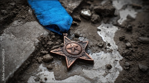 valor. An abandoned military medal lying in muddy ground, overcast daylight. lifestyle magazines, social media lookbooks, designed for influencer and brand collaborations, used by architects.