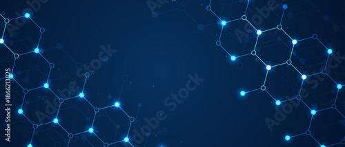 Hexagons pattern on blue background. Genetic research, molecular structure. Chemical engineering. Concept of innovation technology. Used for design healthcare, science and medicine background