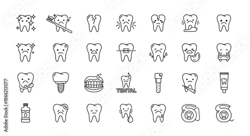 Collection of dental icons in outline style isolated on perfect for web, banner, and print design projects vector illustration