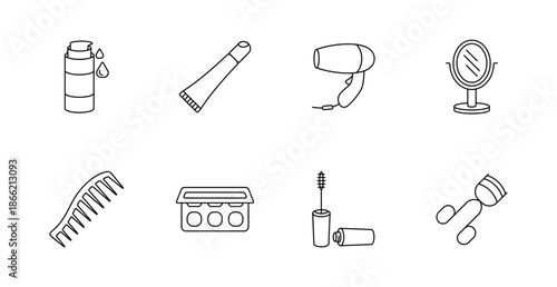 Beauty tools set icon. Lotion bottle, tube, hairdryer, mirror, comb, eyeshadow, mascara, brush shown in minimal cosmetics line style.