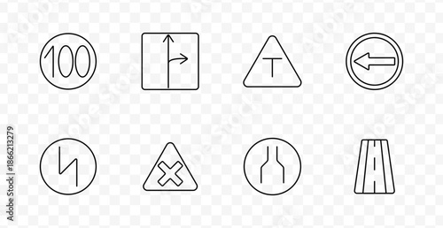 Road and traffic sign set icon. Arrows, numbers, geometric shapes, and roadway symbols indicate various directional, regulatory, and warning traffic elements