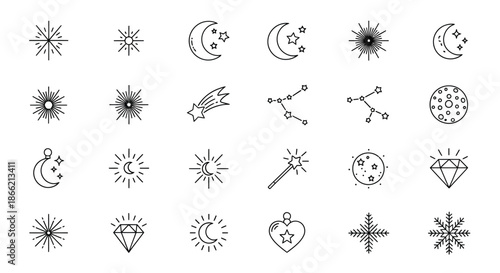 Set of celestial and magical icons isolated on contains such icons as star, moon, comet, constellation and more
