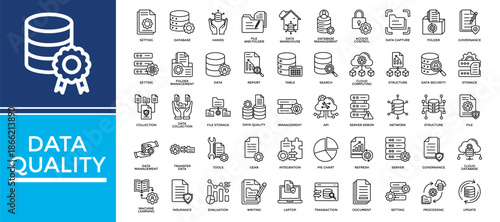Data quality icon set collection. Containing transfer, database, server, report, insurance, writing, management .Line vector icons collection