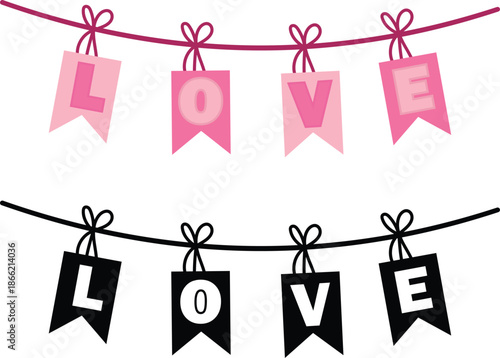 Dual love banner garland design in vibrant pink and classic black for festive occasions