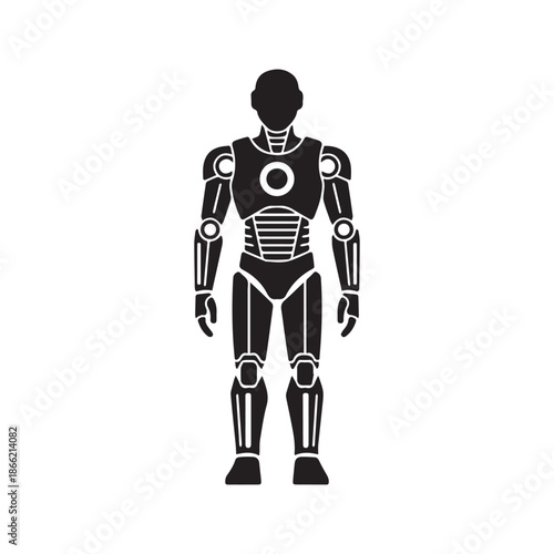 Futuristic humanoid robot silhouette vector illustration, full body standing black android character isolated on white background for technology, science fiction, and artificial intelligence design

