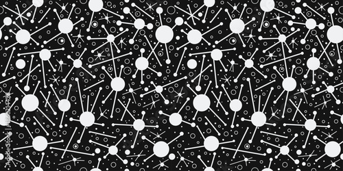 Abstract Black and White Pattern. The design consists of white circles, some with radiating lines, resembling stylized atoms or molecules. Smaller white circles.