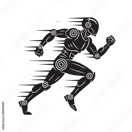 Fast running robot silhouette vector illustration, futuristic sprinting android character with speed motion lines isolated on white background for technology, sport, and artificial intelligence design