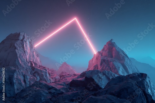 A luminous triangle illuminates a rugged mountain landscape at twilight