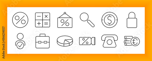 Finance and commerce set icon. Includes percentage, calculator, discount, chart, user, lock, money, magnifier, briefcase, pie chart, phone, euro, and ticket icons