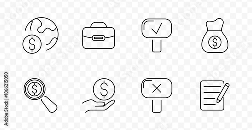 Finance and money set icon. Line icons showing globe with dollar, briefcase, approval, money bag, magnifying glass, coin in hand, disapproval, and document