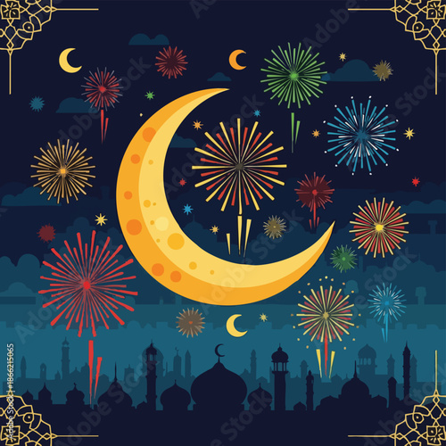 Celebrating Ramadhan under the night sky with fireworks and crescent moon