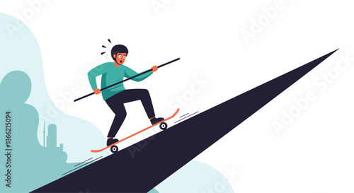 Man carefully balancing on a skateboard going up a steep incline, using a pole for stability, symbolizing overcoming challenges and risk.