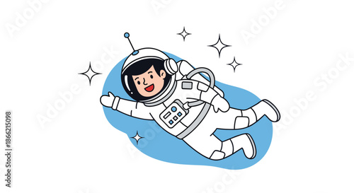Happy cartoon astronaut in a spacesuit floating in zero gravity among the stars, illustrating space exploration and the joy of discovery.