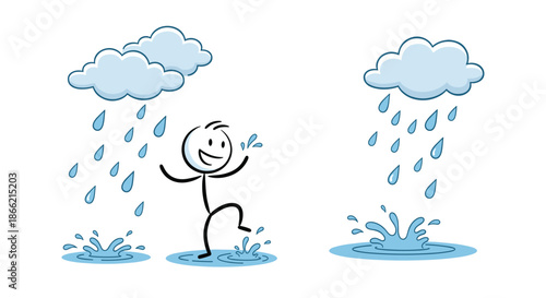 Happy stick figure character dancing and splashing in puddles under rain clouds, finding joy and fun in bad weather in a simple doodle style.