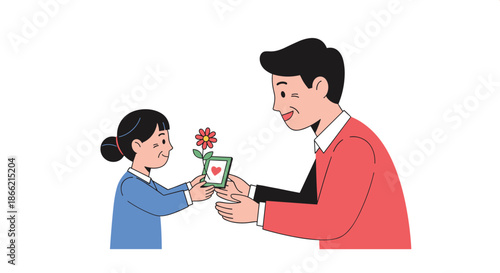 Young girl giving her smiling father a potted flower as a gift, a heartwarming illustration of family love for Father's Day or a birthday.