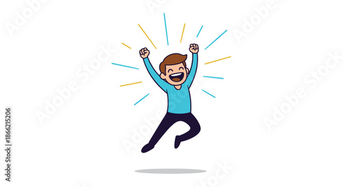 Extremely happy and energetic young man jumping in the air with his arms raised, celebrating a victory or success with radiant lines around him.