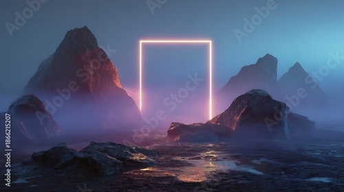 Mysterious glowing portal framed within a rugged misty mountain landscape