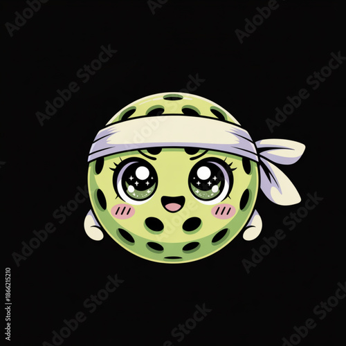 Cute green pickleball mascot character white headband big sparkling kawaii eyes on black background playful sports ball cartoon for pickleball club logo branding sticker emoji avatar gamer profile 