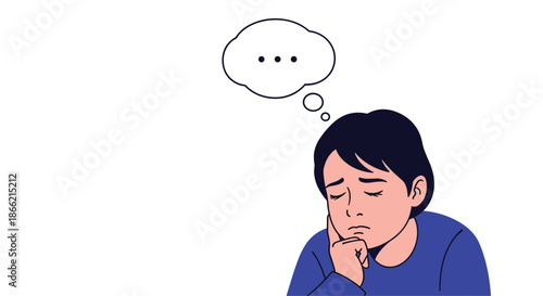 Pensive and sad young man thinking, with a thought bubble containing three dots, illustrating deep thought, speechlessness, or contemplation.