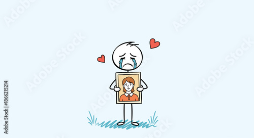 Sad and crying stick figure character holding a framed portrait of a woman he loves, illustrating heartbreak, loss, or missing someone dear.