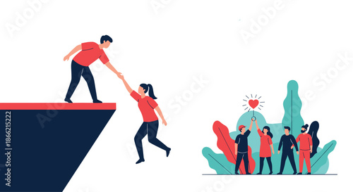 Set of illustrations showing teamwork and support, with one person helping another up a cliff and a group celebrating with a heart symbol.