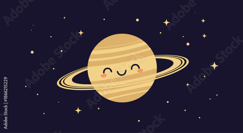Adorable kawaii-style planet Saturn with a cute smiling face and blushing cheeks, floating among stars in the vast, dark night sky.