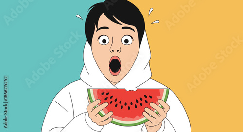 Young man in a white hoodie with a shocked and surprised expression, holding a slice of watermelon, against a colorful two-tone background.