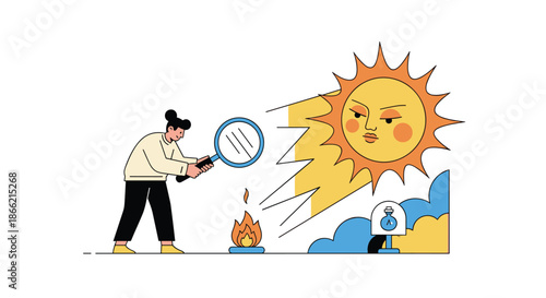 Conceptual illustration showing a woman using a magnifying glass to harness the sun's powerful energy to start a small fire.