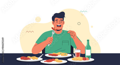 Happy young man sitting at a table full of food, enjoying a large meal with multiple plates of sausages and potatoes, and a drink.