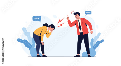 Aggressive man yelling and pointing at a sad, crying woman, illustrating concepts of workplace conflict, bullying, or a toxic relationship.