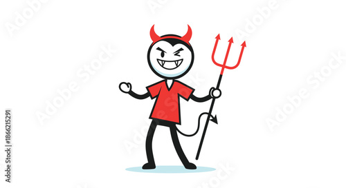 Winking stick figure character dressed in a red devil costume with horns, a pointed tail, and holding a small trident pitchfork.