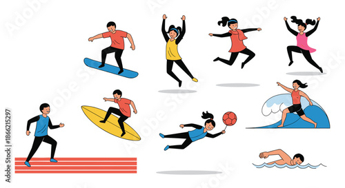 Collection of diverse cartoon characters engaged in various sports and physical activities like surfing, swimming, running, and soccer.