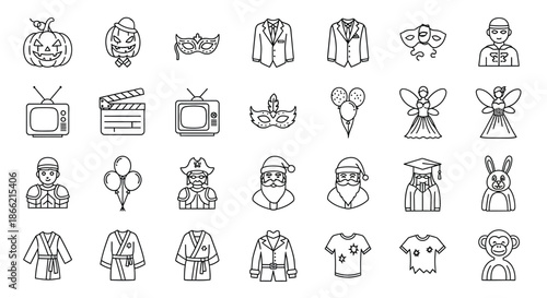 Collection of various costume icons isolated on, including halloween, masquerade, formal wear, and various professions
