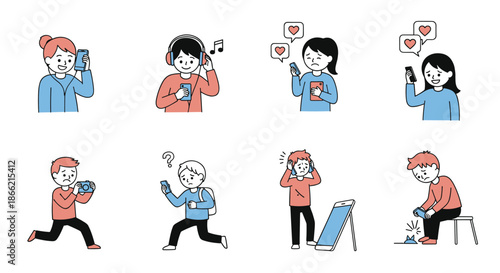 Set of eight cartoon characters showing various interactions with smartphones, including happiness, sadness, confusion, and accidents.