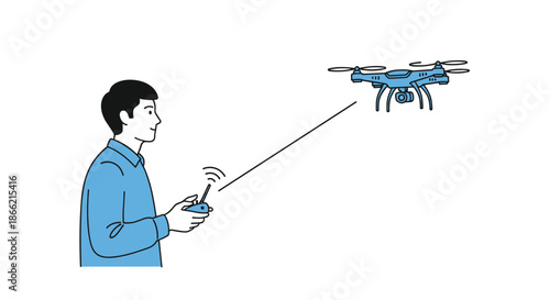 Side view of a young man in a blue shirt operating a camera drone with a remote control, enjoying a modern technological hobby.