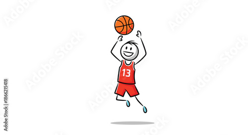 Energetic stick figure basketball player in a red jersey with the number 13, jumping to make a perfect shot at the hoop.