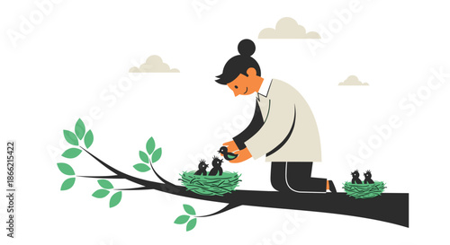 Caring woman kneeling on a tree branch, gently feeding baby birds in their nests, symbolizing nurturing, growth, and motherhood.