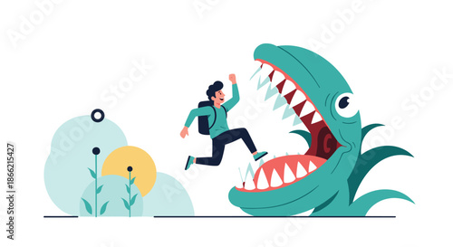 Man with a backpack bravely jumps into the giant open mouth of a carnivorous plant monster, symbolizing facing fears and challenges.